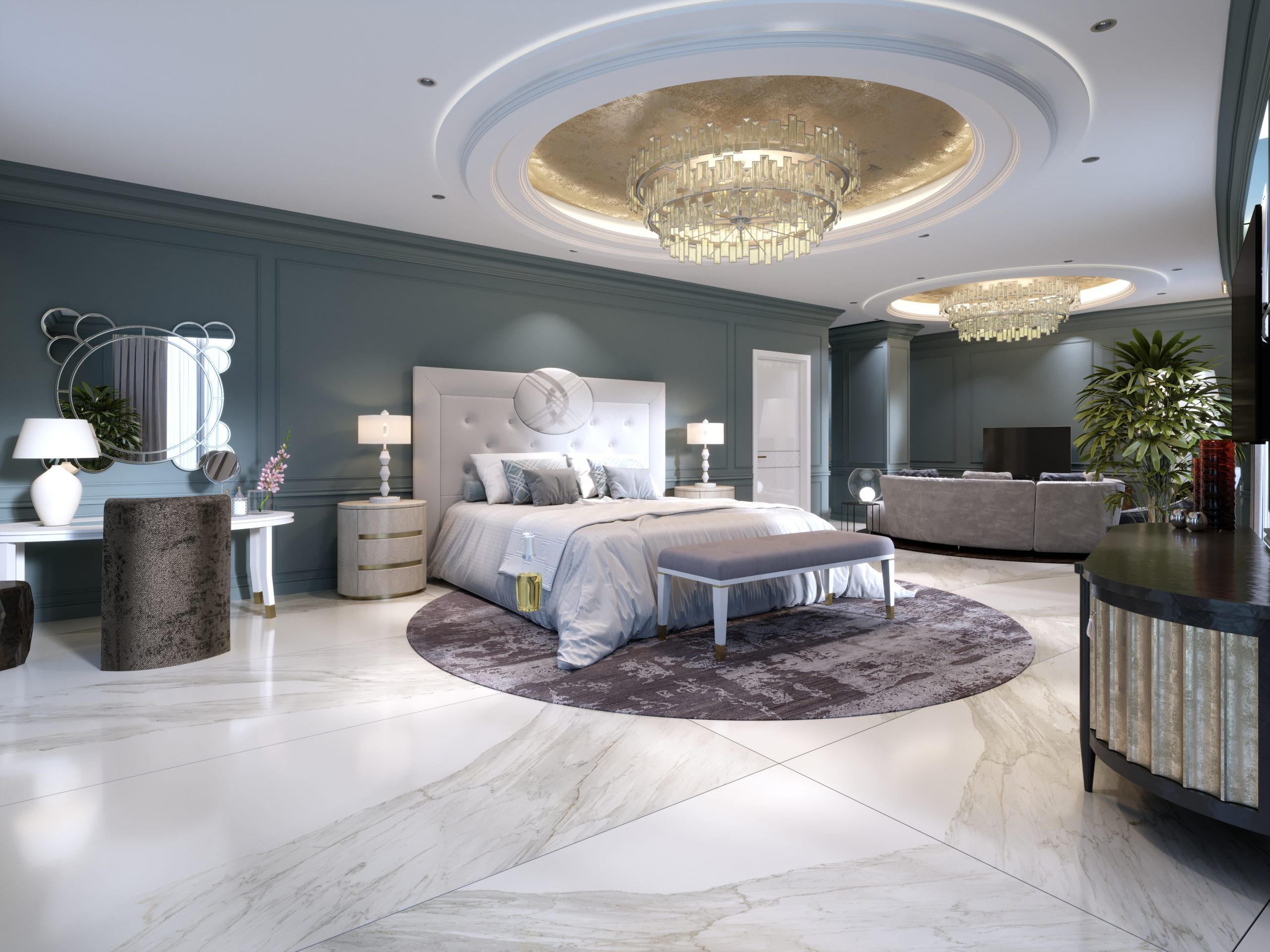 Guest room in a luxurious new hotel with open space, a bedroom and a living room lounge. 3d rendering.